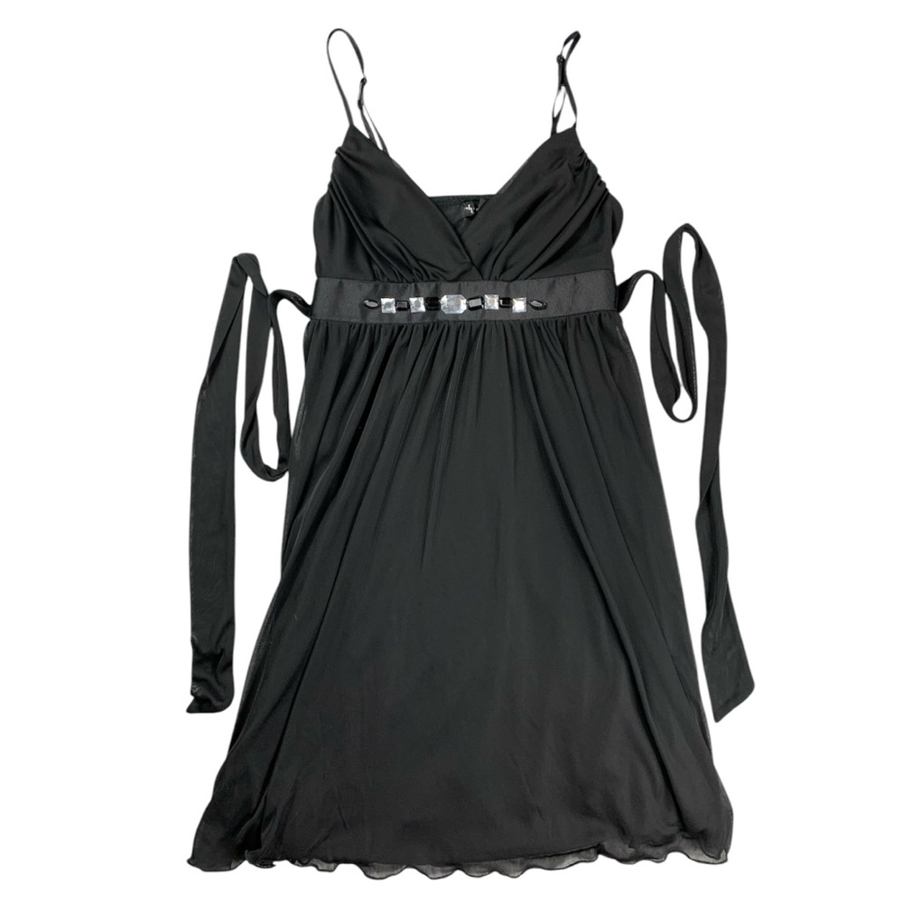 Womens Juniors Black Dress Belted Spaghetti Strap Faux Stone Accents Size Small